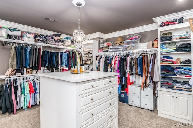 spacious closet with light colored carpet and visible vents