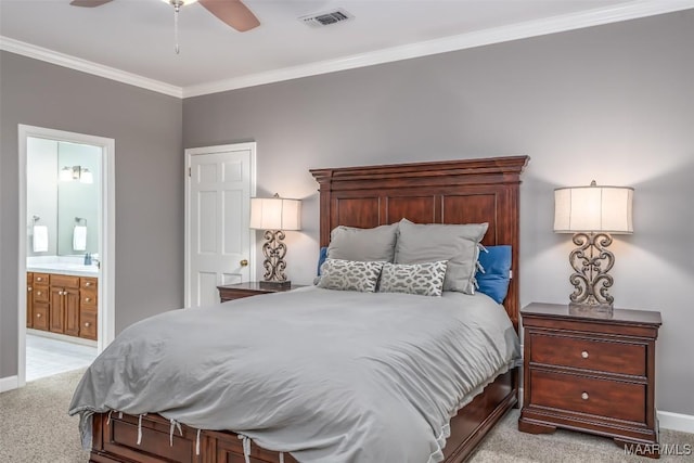 bedroom featuring crown molding, visible vents, light carpet, a sink, and baseboards