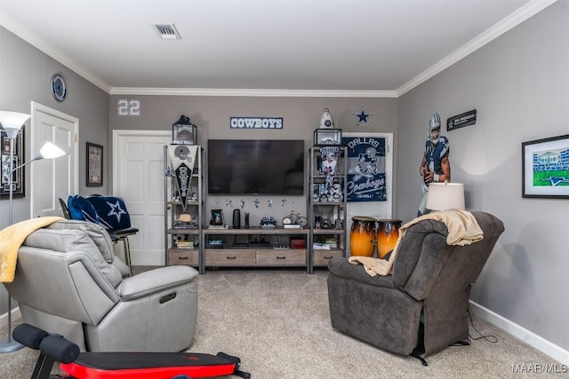 carpeted living room featuring baseboards, visible vents, and ornamental molding