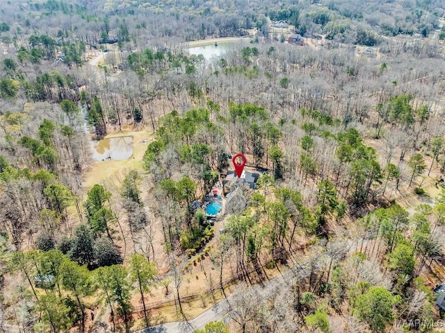 bird's eye view featuring a water view and a wooded view