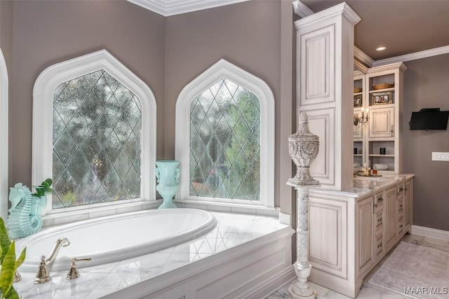 full bathroom featuring recessed lighting, a bath, and crown molding