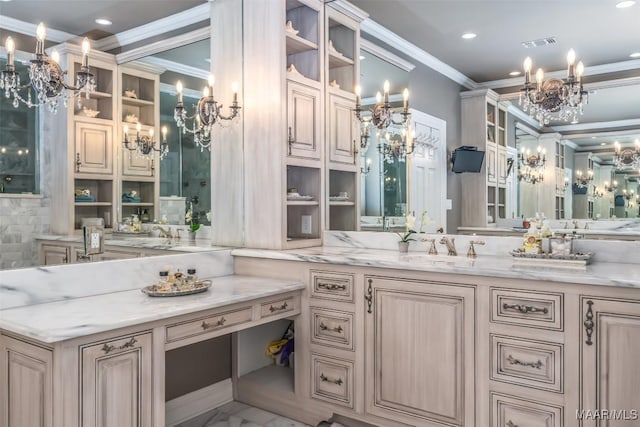 full bathroom with a notable chandelier, crown molding, recessed lighting, visible vents, and vanity