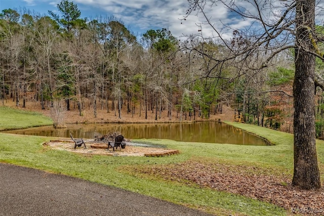 view of community with a water view, a fire pit, and a yard