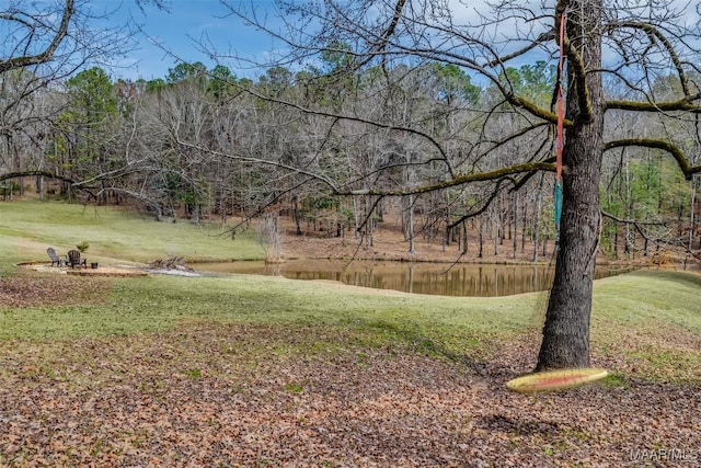 view of yard with a water view and a forest view