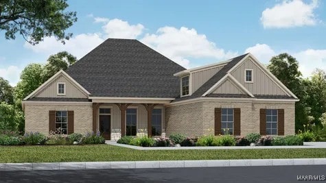 view of front of home featuring a front lawn, board and batten siding, and brick siding