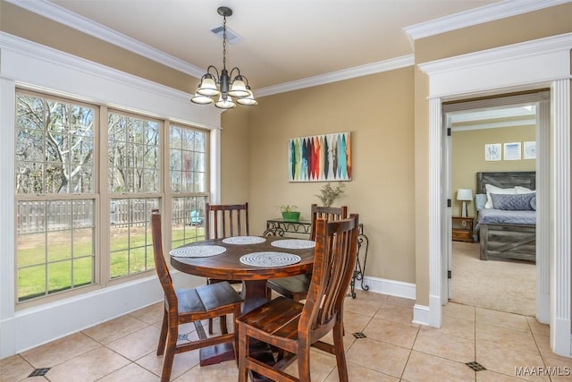 dining space featuring an inviting chandelier, crown molding, light tile patterned flooring, and a healthy amount of sunlight