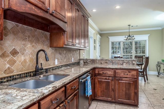 kitchen featuring ornamental molding, light stone countertops, stainless steel dishwasher, and a sink