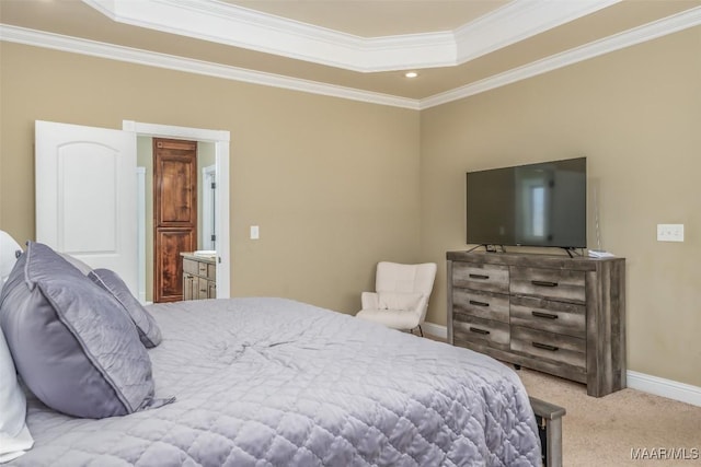 carpeted bedroom featuring recessed lighting, a tray ceiling, baseboards, and ornamental molding