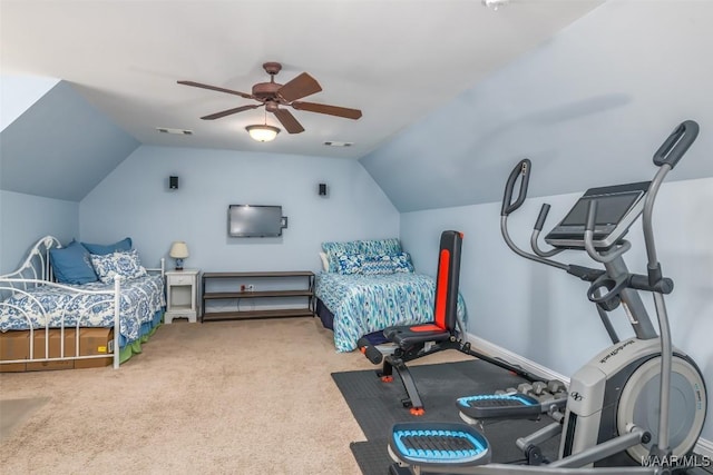 bedroom with visible vents, lofted ceiling, ceiling fan, and carpet flooring