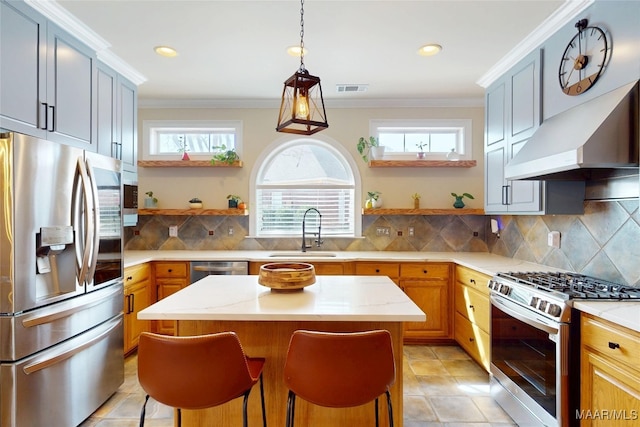 kitchen with visible vents, ornamental molding, open shelves, a sink, and appliances with stainless steel finishes