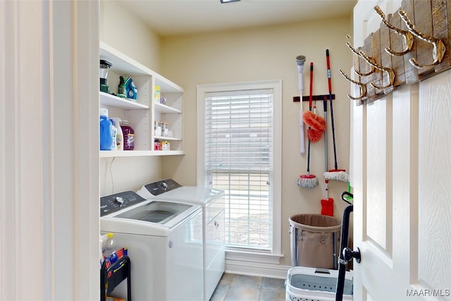 washroom with tile patterned flooring, laundry area, and separate washer and dryer