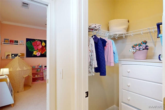 walk in closet featuring visible vents and carpet