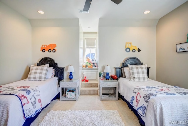 bedroom with visible vents, recessed lighting, ceiling fan, and carpet floors