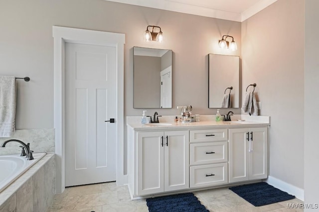 full bath featuring double vanity, a relaxing tiled tub, ornamental molding, and a sink