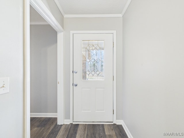 doorway with baseboards, dark wood-style flooring, and crown molding