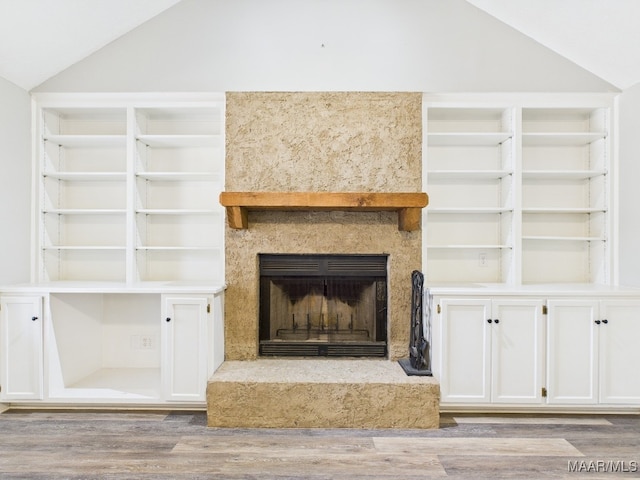 details with built in shelves, wood finished floors, and a fireplace with raised hearth