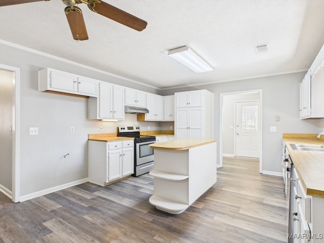 kitchen with visible vents, under cabinet range hood, electric stove, wood counters, and open shelves