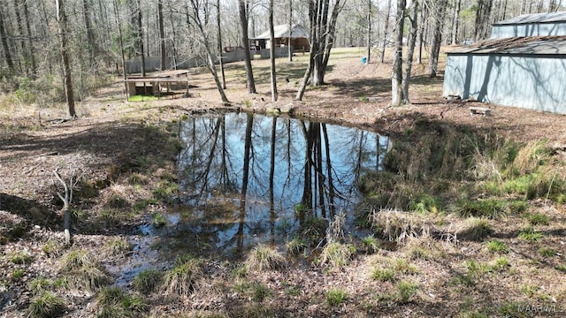 property view of water featuring a wooded view