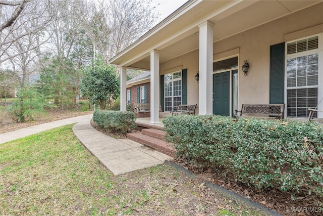 view of exterior entry featuring covered porch and stucco siding