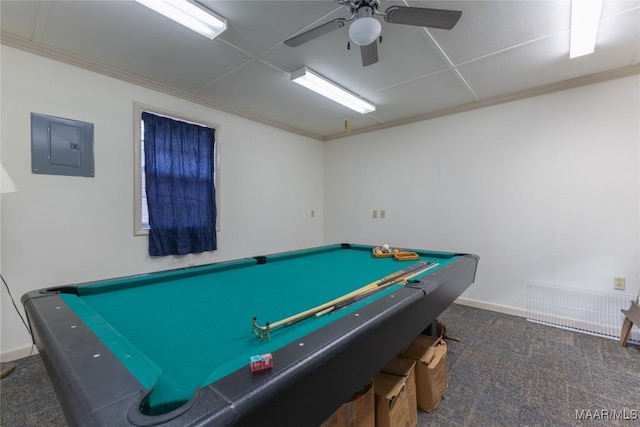 game room with pool table, baseboards, carpet floors, electric panel, and a ceiling fan