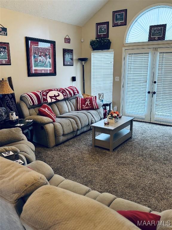 living area featuring lofted ceiling and carpet flooring