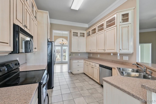 kitchen with crown molding, stainless steel dishwasher, freestanding refrigerator, electric range, and a sink