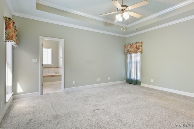 empty room with a healthy amount of sunlight, baseboards, carpet, and a tray ceiling