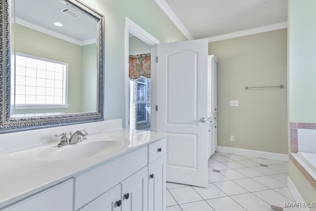 bathroom with tile patterned flooring, visible vents, crown molding, baseboards, and vanity