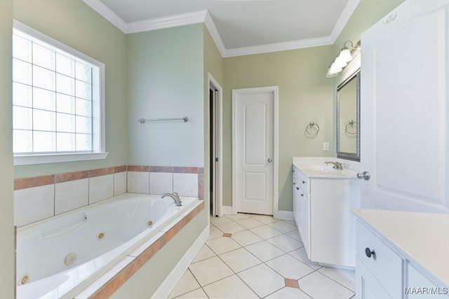 full bathroom with tile patterned flooring, crown molding, baseboards, a whirlpool tub, and vanity