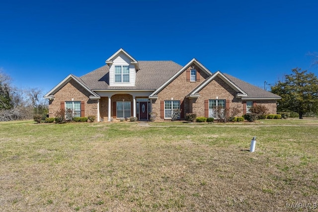 view of front facade with brick siding and a front yard