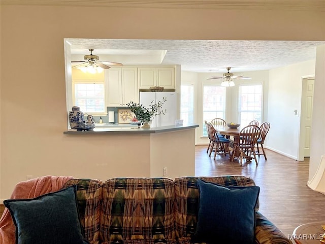 kitchen featuring freestanding refrigerator, ceiling fan, dark wood-style floors, a peninsula, and healthy amount of natural light