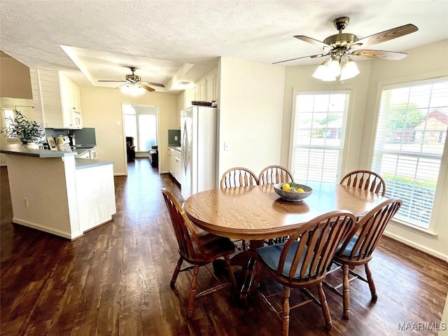 dining space featuring a ceiling fan, dark wood-style flooring, a textured ceiling, and baseboards