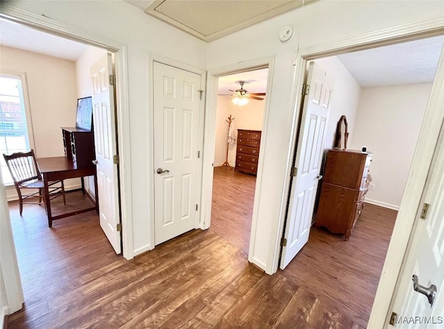 hall with dark wood finished floors and baseboards