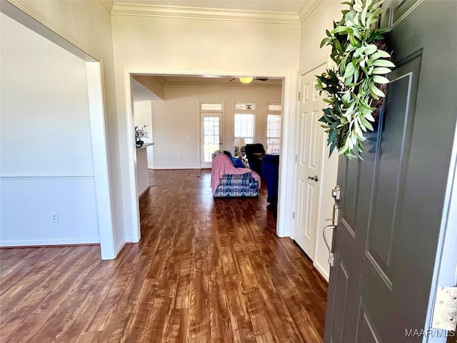 entrance foyer with ornamental molding, dark wood-style flooring, baseboards, and ceiling fan