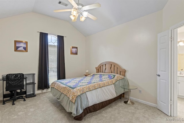 bedroom with visible vents, baseboards, light colored carpet, vaulted ceiling, and a ceiling fan