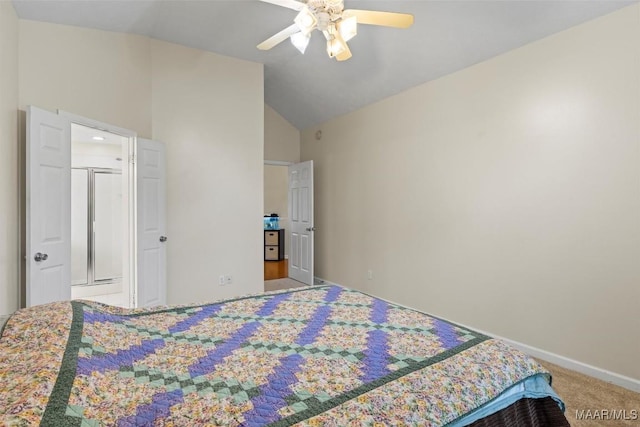 carpeted bedroom featuring baseboards, lofted ceiling, and ceiling fan