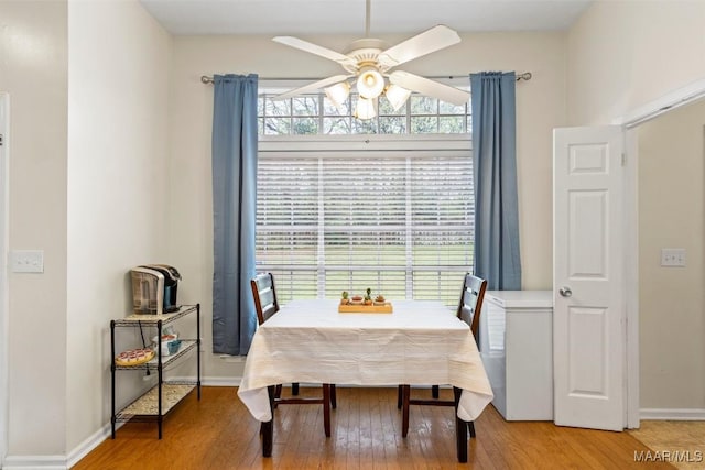 dining room featuring a ceiling fan, a healthy amount of sunlight, baseboards, and light wood finished floors