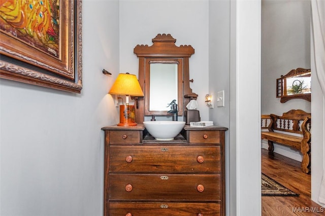 interior space with wood finished floors and vanity