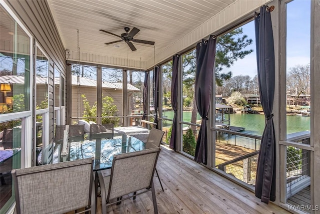 sunroom / solarium with a water view, wood ceiling, and ceiling fan