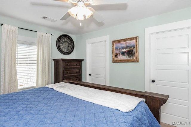 bedroom with visible vents, multiple windows, and a ceiling fan