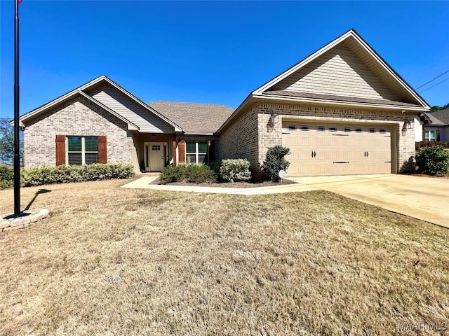 ranch-style house featuring driveway, brick siding, an attached garage, and a front lawn