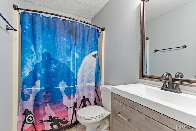 full bathroom with vanity, tile patterned flooring, a textured ceiling, curtained shower, and toilet