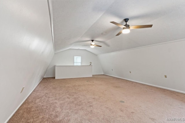 additional living space featuring lofted ceiling, carpet, and a textured ceiling