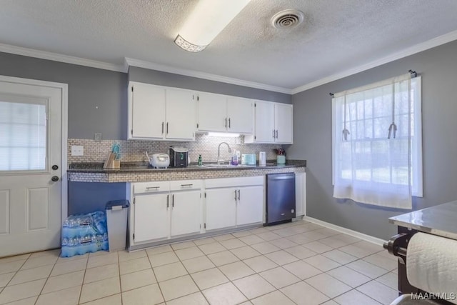 kitchen with visible vents, crown molding, decorative backsplash, white cabinets, and a sink