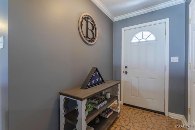 doorway with baseboards and ornamental molding