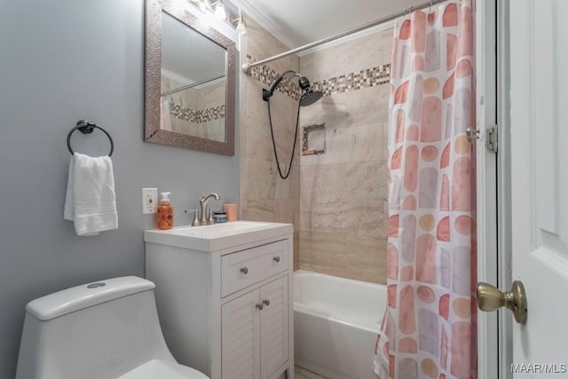 bathroom with shower / bath combination with curtain, toilet, and vanity