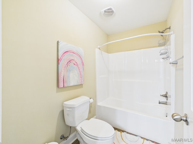 full bath with visible vents, toilet, and shower / bathtub combination