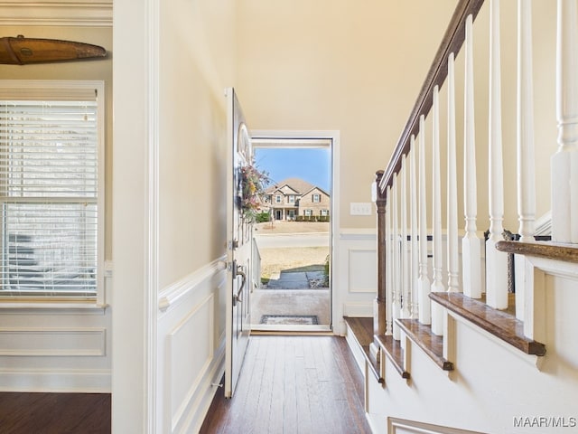 entryway with a wainscoted wall, plenty of natural light, dark wood-type flooring, and a decorative wall