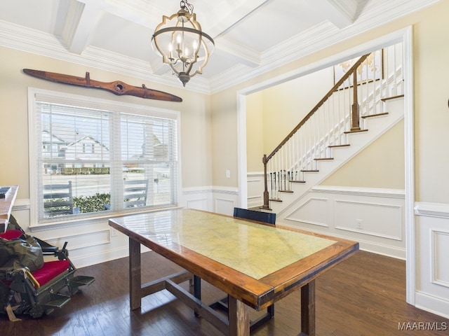 dining space with a notable chandelier, beamed ceiling, stairway, and dark wood-type flooring