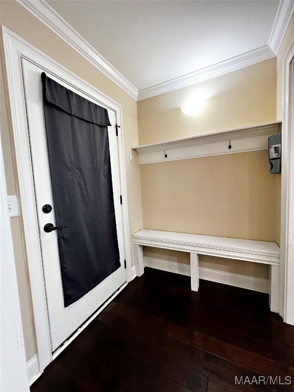 mudroom with dark wood-style floors and ornamental molding